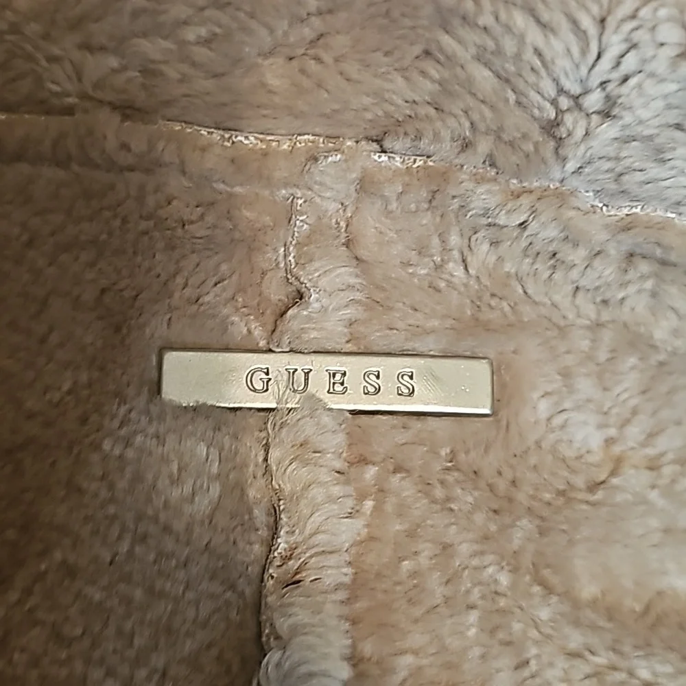 Vintage Y2K Guess Leather Jacket Patchwork Faux Sheepskin Fur Lined Tan Beige - Picture 13 of 13